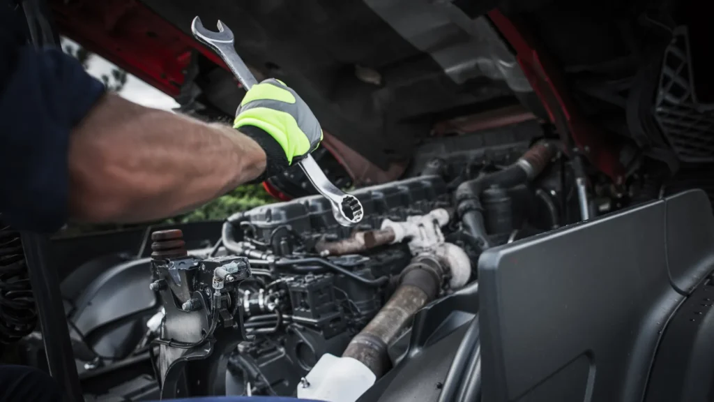 Mechanik podczas naprawy auta z dużym kluczem