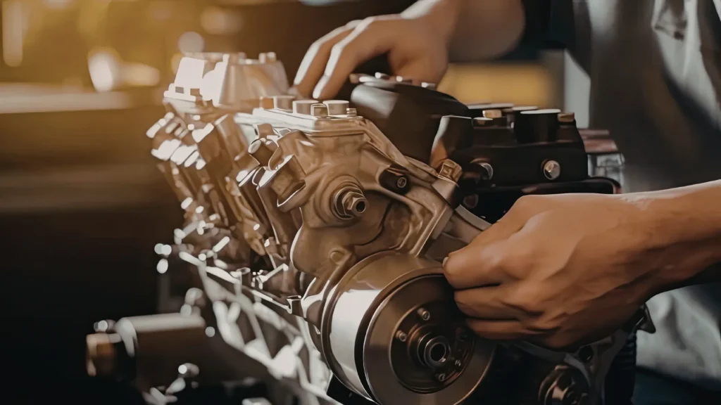 Mechanik podczas naprawy silnika