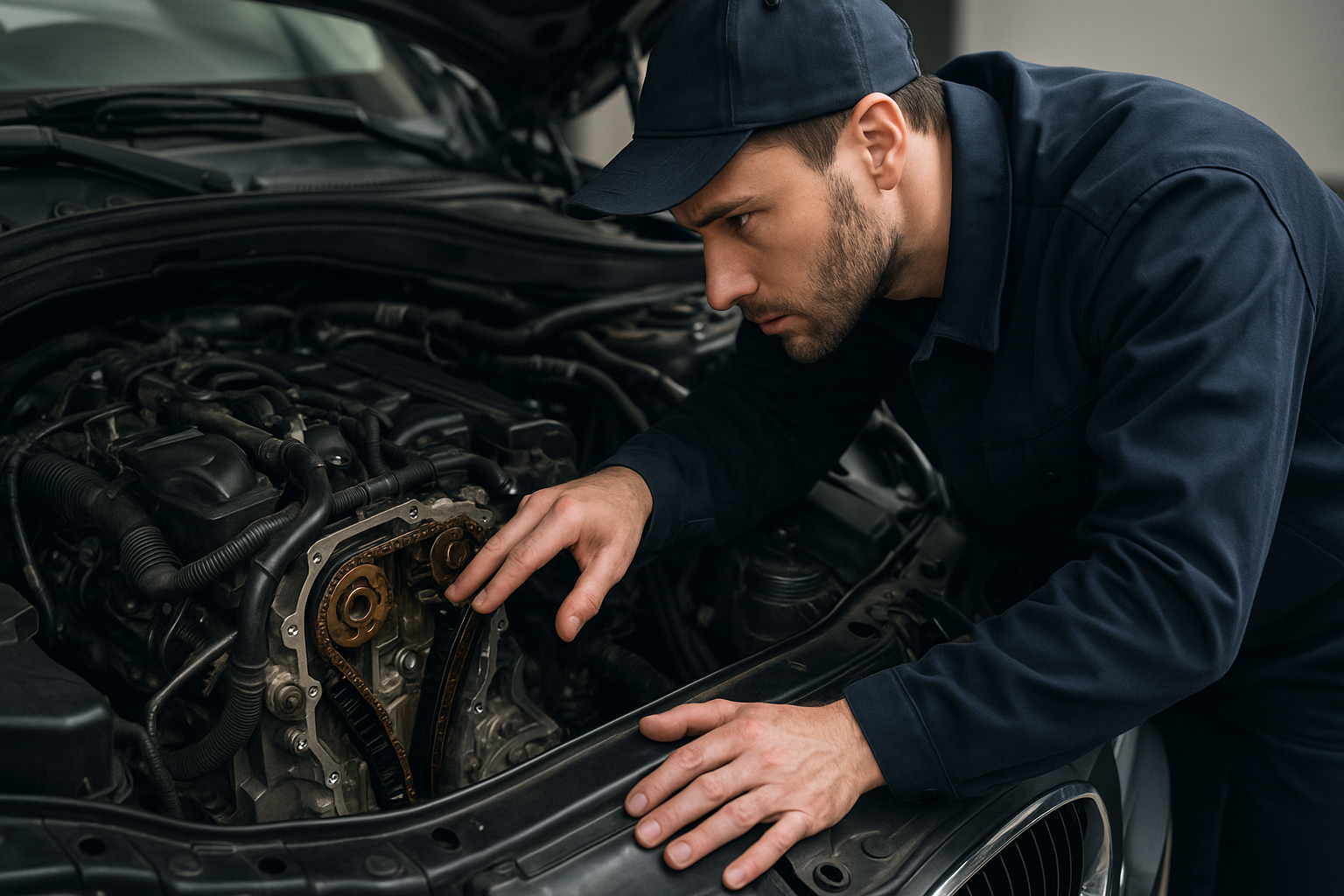 Mechanik diagnozujący objawy zużytego łańcucha rozrządu w silniku samochodu