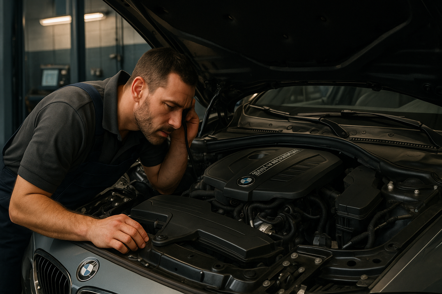 Mechanik diagnozuje niepokojące stuki w silniku BMW w warsztacie