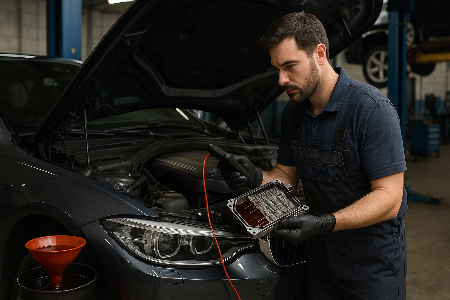 Mechanik diagnozujący objawy awarii automatycznej skrzyni biegów w samochodzie osobowym
